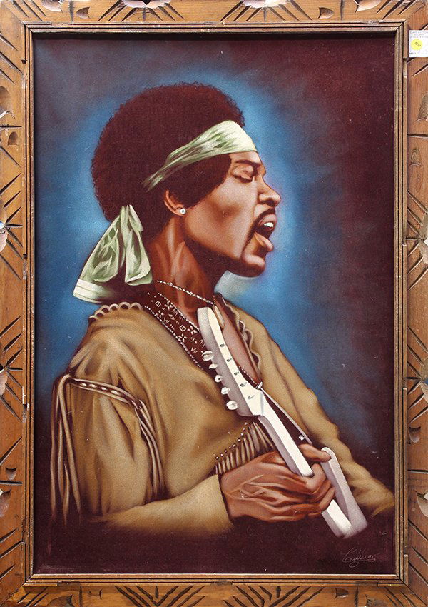 Velvet Painting, Jimi Hendrix, 20th century: Framed oil on velvet, Jimi Hendrix, 20th century, signed indistinctly lower right, overall: 40"h x 28"w