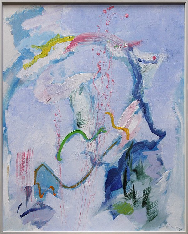 Works by Peter Nicholson and Lucille Hale: (lot of 2) Framed acrylic on canvas, Pastel Abstraction, by Peter Nicholson (American, 20th century), signed "Nicholson," 1984 lower right, and oil on canvas, "Super Poppies #3," by Lucile Hale (Ameri