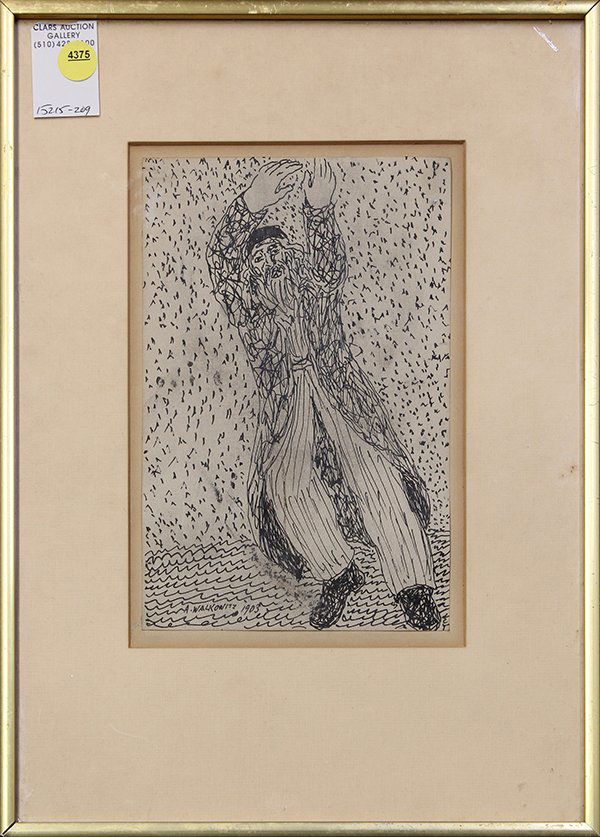 Abraham Walkowitz, Juif Dansant,1903, ink drawing: Abraham Walkowitz (American/Russian, 1878-1965), "Juif Dansant," 1903, ink drawing on paper, signed and dated lower left, sight: 9"h x 6"w, overall: 15.5"h x 11.5"w