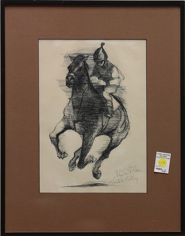 Watercolor and ink drawing by Frank Nelson Ashley: (lot of 2) Framed watercolor and ink drawing, Portrait of a Jockey and Racing Horse with Jockey, 1961/62, by Frank Nelson Ashley (American, 1920-2007), each signed and dated lower right, largest overa