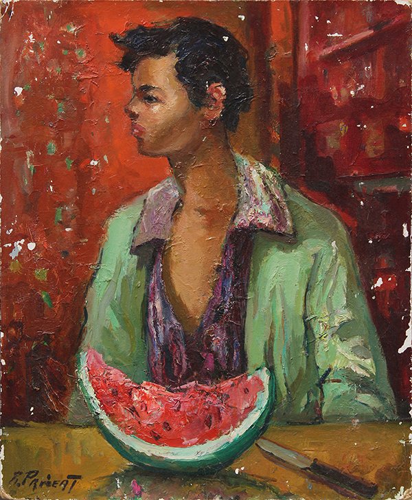 Raphael Pricert, Boy with Watermelon, 1961, oil on boa: Raphael Pricert (French, 1903-1967), Boy with Watermelon, 1961, oil on board, signed lower left, museum label verso, overall (board): 18"h x 15"w