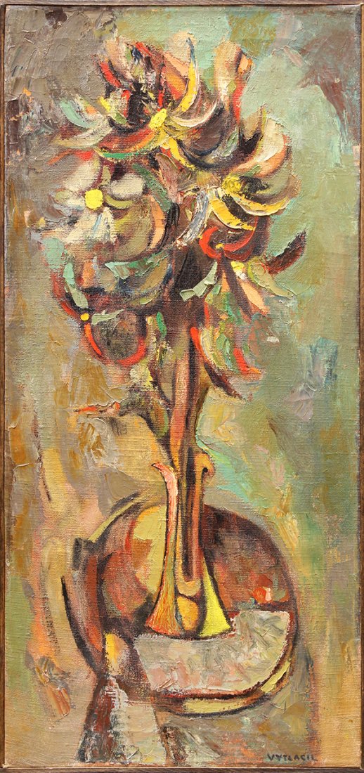 Follower of Vaclav Vytlacil, Still Life with Flowers, o: Follower of Vaclav Vytlacil (Californian, 1892-1984) , Still Life with Flowers, oil on canvas, bears signature lower right, overall: 36.5"h x 16.75"w