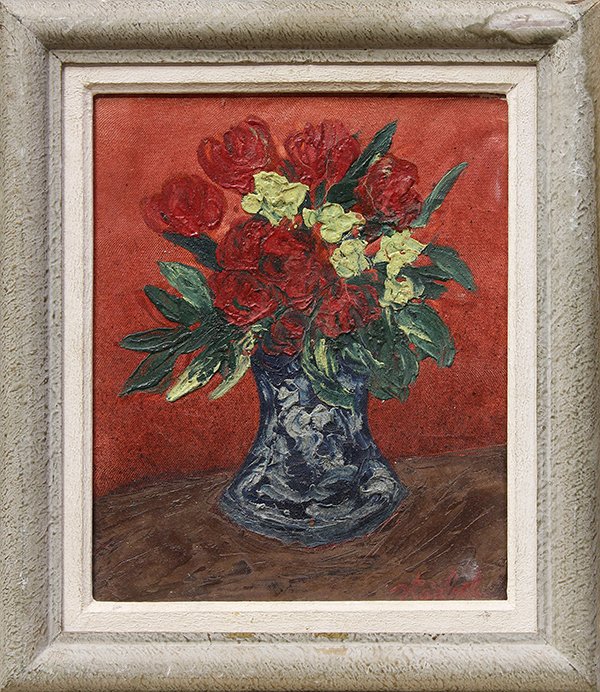 Edgar Stoebel, Tulip Bouquet, oil on canvas: Edgar Stoebel (French, 1909-2001), Tulip Bouquet, oil on canvas, signed lower right, canvas: 11"h x 8.75"w, overall: 14.25"h x 12.25"w