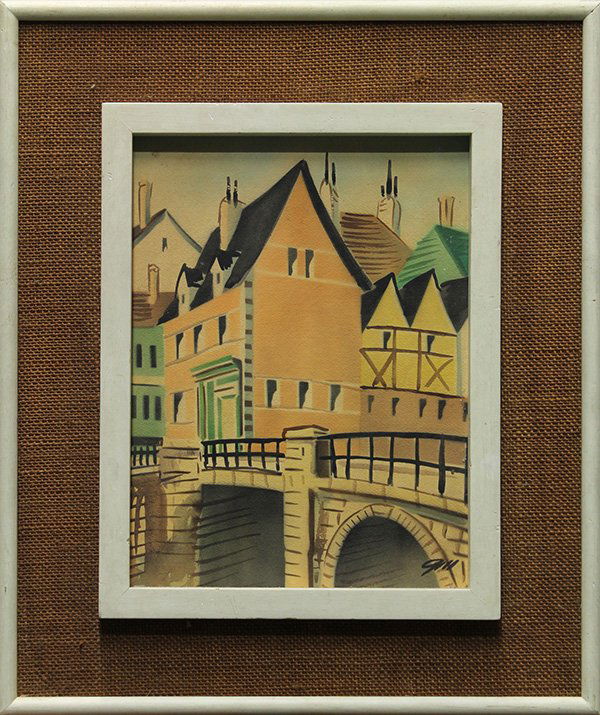 Watercolors, Eric Gill, Village Scenes: (lot of 2) Framed watercolors, Village Scenes, by Eric Gill (Californian, 20th century), both signed "Gill", overall (each): 18.25"h x 15.25"w
