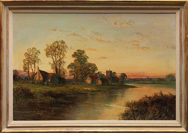 David Hicks, Seaside Cottages, oil on canvas: David Hicks (British, 19th/20th centuries), Seaside Cottages, oil on canvas, signed lower right, overall (with frame): 29"h x 41"w