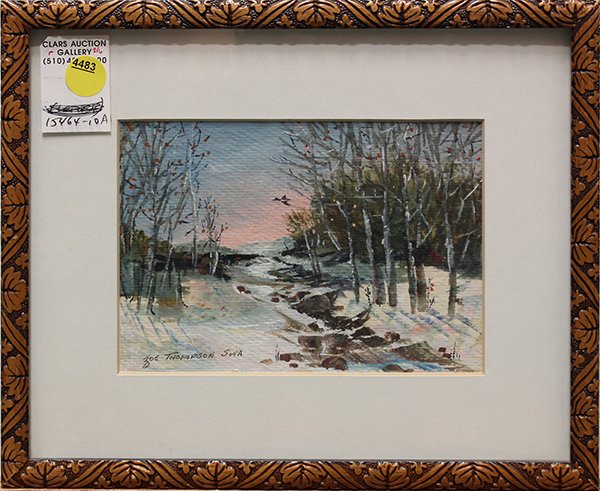 Watercolor, Joe Thompson: Framed watercolor, Winter Landscape, by Zoe Thompson (America, 20th century), signed lower left, overall: 9"h x 11"w