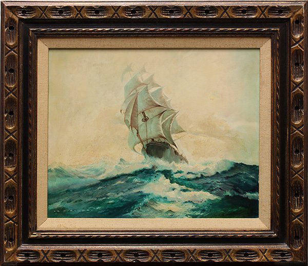 Painting, Ship Under Sail, signed Bauer: Framed oil on canvas, Ship Under Sail, signed "Bauer" lower left, 20th century, overall: 24.5"h x 28.5"w