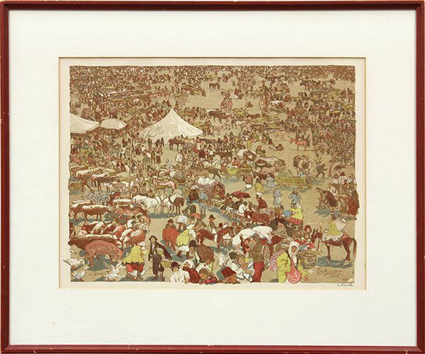 Oskar Laske, "Evakuirtein Ostgaltzten," 1916, color lit: Oskar Laske (Austrian, 1874-1951), "Evakuirtein Ostgaltzten," 1916, color lithograph, penicl signed lower right, titled and dated on plate lower right, image: 13.5"h x 17.75"w, overall (frame): 20.75"