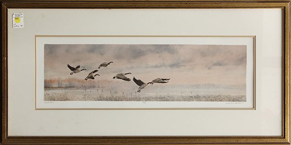 Gerald Lubeck, Winter Mist, color lithograph: Gerald Lubeck (American, b. 1942), "Winter Mist," 1979, color lithograph, pencil signed, titled, dated and numbered edition of 275 within lower margin, overall (framed): 17.75"h x 35.75"w