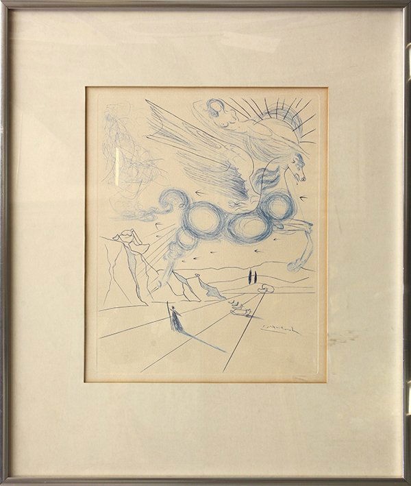 Etching, after Salvador Dali, Pegasus: Framed color etching, Pegasus, after Salvador Dali, bears signature on the plate, overall: 14.25''h x 11.5''w