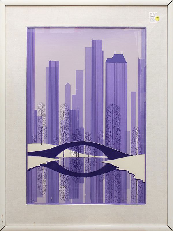 Serigraph, Eyvind Earle, Central Park: Framed serigraph, Central Park, by Eyvind Earle (American, 1916-2000), signed lower right, pencil numbered edition of 200 lower left, overall: 39.25"h x 29.5"w