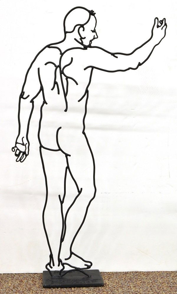 Steel wire sculpture, by Feng Jin: Steel wire sculpture, Male Nude, 2007, by Feng Jin (Californian/Chinese, b. 1966), signed on base and dated, overall: 21.25"h x 12"w x 3.75"d. Provenance: Purchased at the Alta Galleria, Berekely, CA