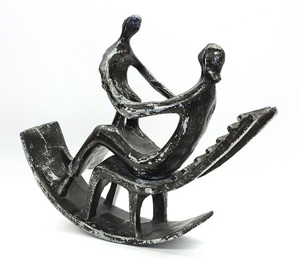 Mother and Child sculpture after Henry Moore: Mixed metal sculpture, Mother and Child on a Rocking Chair, after Henry Moore, 13''h x 3.5"w x 16"d
