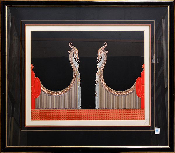 Serigraph, Erte, Aladdin and his Bride: Framed serigraph, "Aladdin and his Bride," by Romain de Tirtoff Erte (Russian/French/American, 1892-1990), pencil signed and numbered edition of 300 within lower margin, overall: 41"h x 46.5"w