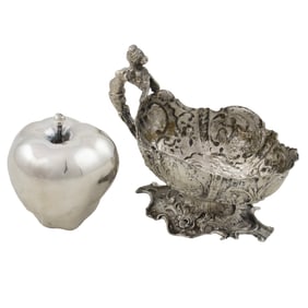 A Hanau 800-standard silver sauce boat and an Italian 970-silver marked model of an apple