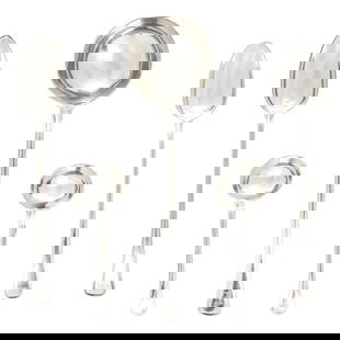 Five English sterling silver serving pieces: Five English sterling silver serving pieces, London, early 19th century, comprising ladles and serving spoons, marked for Michael Starkey, Chawner & Co., William Eley and William Fearn, ladles between