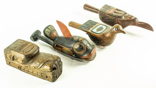 Three Kwakiutl rattles and a raven mask by John Livingston (1951-2019)