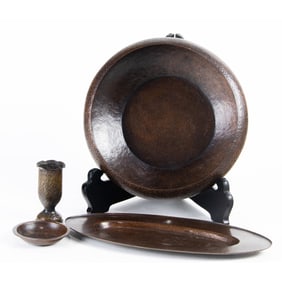 An Arts and Crafts hammered copper group, consisting of a George Trautmann (Chicago, IL) oval tray