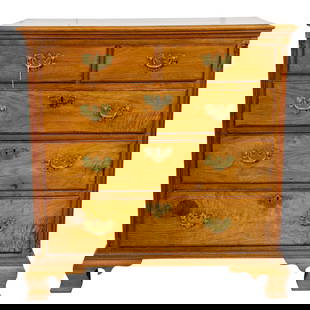 American Chippendale mahogany chest, 18th century: An American Chippendale five drawer chest, case circa 1760, with two drawers centered by the fluted pilasters, and rising on ogee bracket feet, 33"h x 34"w x 19.5"d