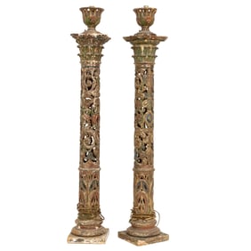 A pair of Spanish Colonial polychromed wood columns converted to floor lamps