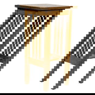 A Stickley Brothers Arts and Crafts plant stand #2884: A Stickley Brothers Arts and Crafts plant stand #2884, executed in quartersawn white oak with spindle sides, thru tenons, and rising on square tapered legs, retains oval paper label, 35"h x 17" square