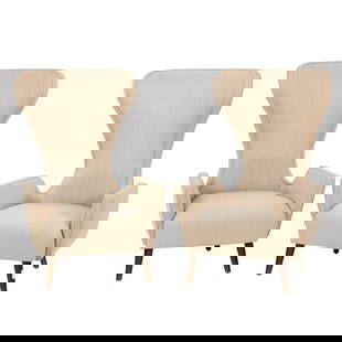 A pair of contemporary upholstered lounge chairs with shaped backrests: A pair of contemporary upholstered lounge chairs with shaped backrests, upholstered in light grey, unmarked, 44.75"h x 31" w x 33"d; 15"h (seat).