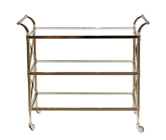 A contemporary nickel plated three-tier bar cart with glass shelves