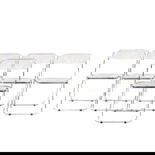 A set of five 'Plia' clear molded plastic and chrome plated steel folding chairs by Giancarlo: A set of five 'Plia' clear molded plastic and chrome plated steel folding chairs by Giancarlo Piretti for Anonima Castelli, 29.5"h x 18.5w x 19"d. Provenance: Property of the Mitsui (Koishikawa) famil