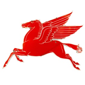 A Mobil Gas pegasus cookie cutter porcelain sign
