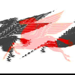A Mobil Gas pegasus cookie cutter porcelain sign: A Mobil Gas pegasus cookie cutter porcelain sign, the two-piece, single sided figure modeled facing left, 71"h x 92"l x 3"d