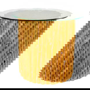 A contemporary glass top side table with wood branch base: A contemporary glass top side table with wood branch base, 24.5"h x 28"dia
