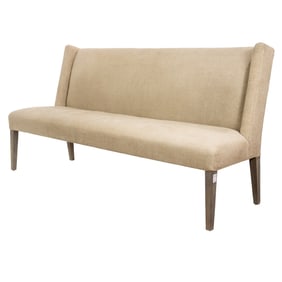 A contemporary upholstered high back bench in burlap upholstery