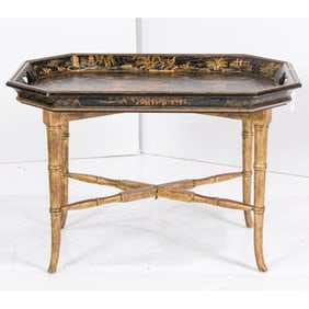 An Italian chinoiserie decorated tray on stand, Senator Feinstein Estate