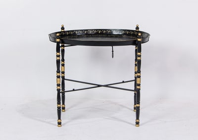 A Regency style gilt decorated black tole tray on stand, Senator Feinstein Estate