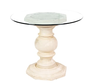 A contemporary cast stone pedestal table with glass top, Senator Feinstein Estate