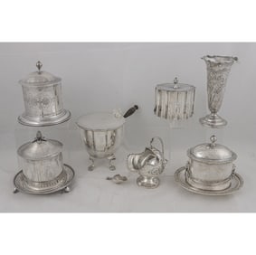 Seven English and American silverplate table aticles, Senator Feinstein Estate