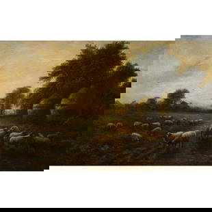 Painting, European School (20th century): European School (20th century), Sheep in a Pasture, oil on canvas, signed indistinctly lower right, canvas: 17"h x 24.5"w, overall (with frame): 23"h x 31"w