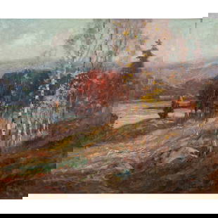Painting, Knute (Sven August) Heldner: Knute (Sven August) Heldner (Swedish/American, 1875-1952), Untitled (Landscape with Autumn Trees), oil on canvas affixed to board, signed lower right, board: 20"h x 24"w, overall (with frame): 24.25"h