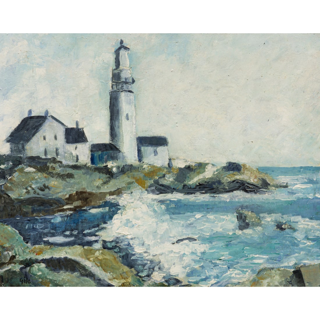 Painting, Attributed to Seldon Connor Gile: Attributed to Seldon Connor Gile (American, 1877-1947), Coastal Lighthouse, oil on board, bears signature lower left, board; 16"h x 20"w, overall (with frame): 22.5"h x 26.25"w