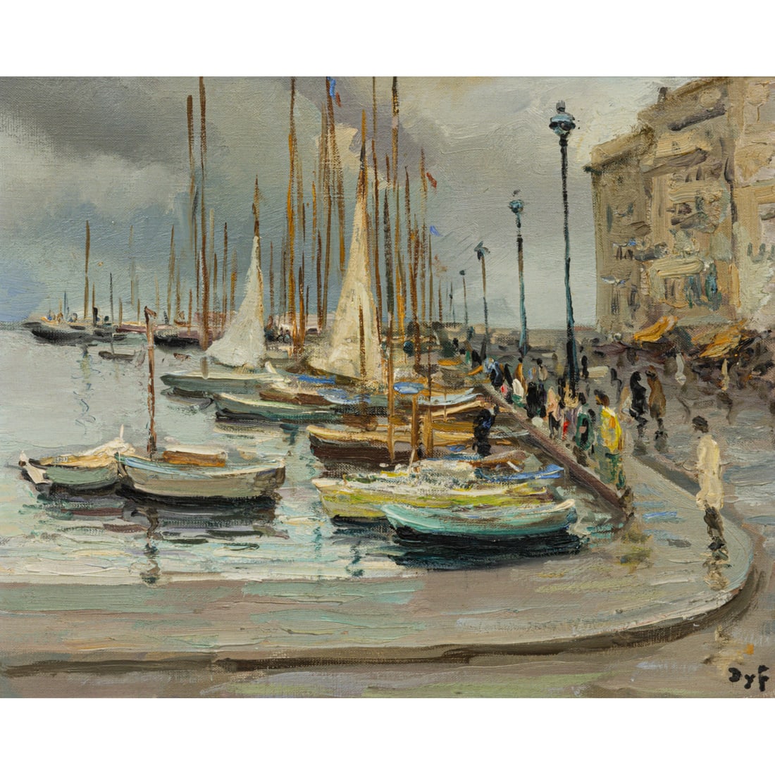 Painting, Marcel Dyf: Marcel Dyf (French, 1899-1985), Une Vue du Port de Cannes, circa 1950, oil on canvas, signed lower right, canvas: 15"h x 18.25"w, overall (with frame): 19.5"h x 22.75"w. Note: Clars would like to than