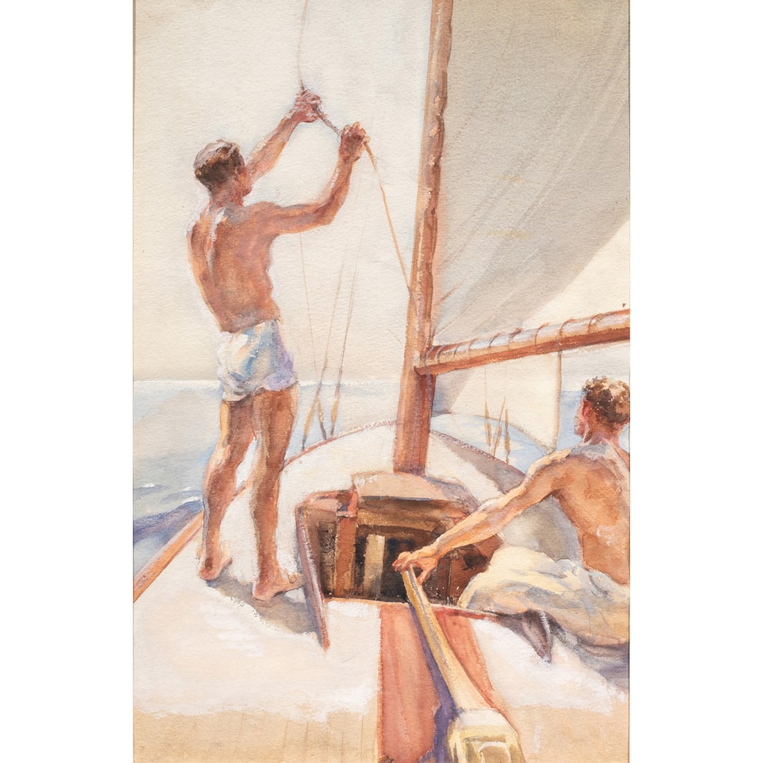 Watercolor, Attributed to John Whorf: Attributed to John Whorf (American, 1903-1959), Untitled (Setting Sail), watercolor and pencil, unsigned, sheet: 21.25"h x 14.75"w, overall (with mat): 26"h x 19"w