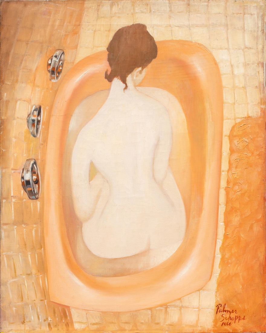 Painting, Palmer Schoppe: Palmer Schoppe (American, 1912-2001), Untitled (Woman in Bath), 1960, oil on canvas, signed and dated lower right, canvas: 20"h x 16"w, overall (with frame): 21.5"h x 17.25"w