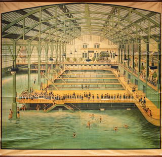 Print, American School (19th century): American School (19th century), Sutro Baths of San Francisco, 1896, lithograph in colors on four sheets of wove paper (linen-backed with margins), attached to wooden dowels, overall: 79.5"h x 77.5"w