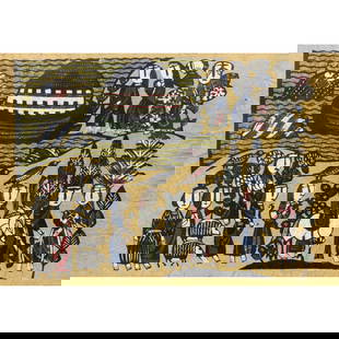 Print, Sadao Watanabe: Print, Sadao WatanabeSadao Watanabe (Japanese, 1913-1966), "Noah's Ark", woodblock print, signed lower right "Sadao Watanabe", edition 9/50, sheet 23"h x 31.25"w, overall (with frame): 29.5"h x 39.75"