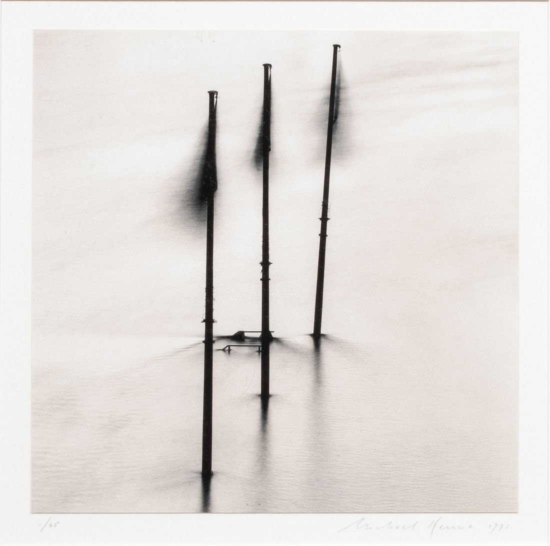 Photograph, Michael Kenna: Michael Kenna (British, b. 1953) "Three Flags, Paris, France," 1991, gelatin silver print, pencil signed and dated lower right, edition 1/45, image: 7.5"h x 7.5"w, overall (with frame): 20.75"h x 16.7