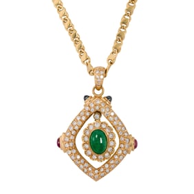 An emerald, ruby, sapphire, diamond and 18k gold pendant necklace