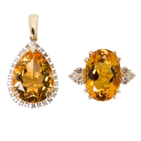A citrine, diamond, and 14k gold pendant and ring