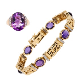 An amethyst, diamond, and 14k gold ring and bracelet set