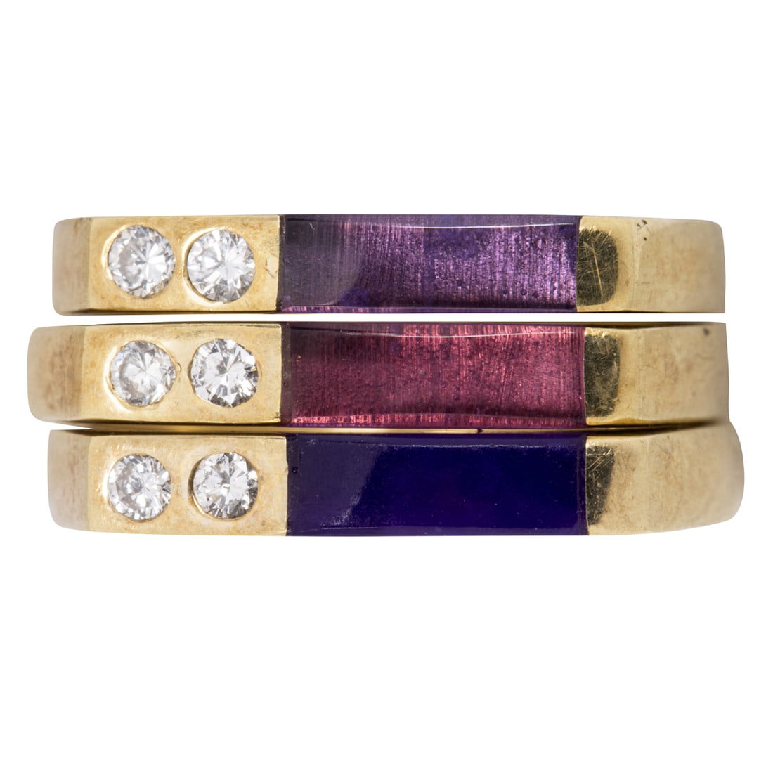 Three Goph Albitz stone-set, diamond and 14k gold stackable rings: Three Goph Albitz stone-set, diamond and 14k gold stackable ringsCirca 1999-2000, each designed with an elongated rectangular tablet of sugilite, pink tourmaline and amethyst, measuring approximately
