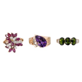 Three gemstone, diamond, and 14k gold rings